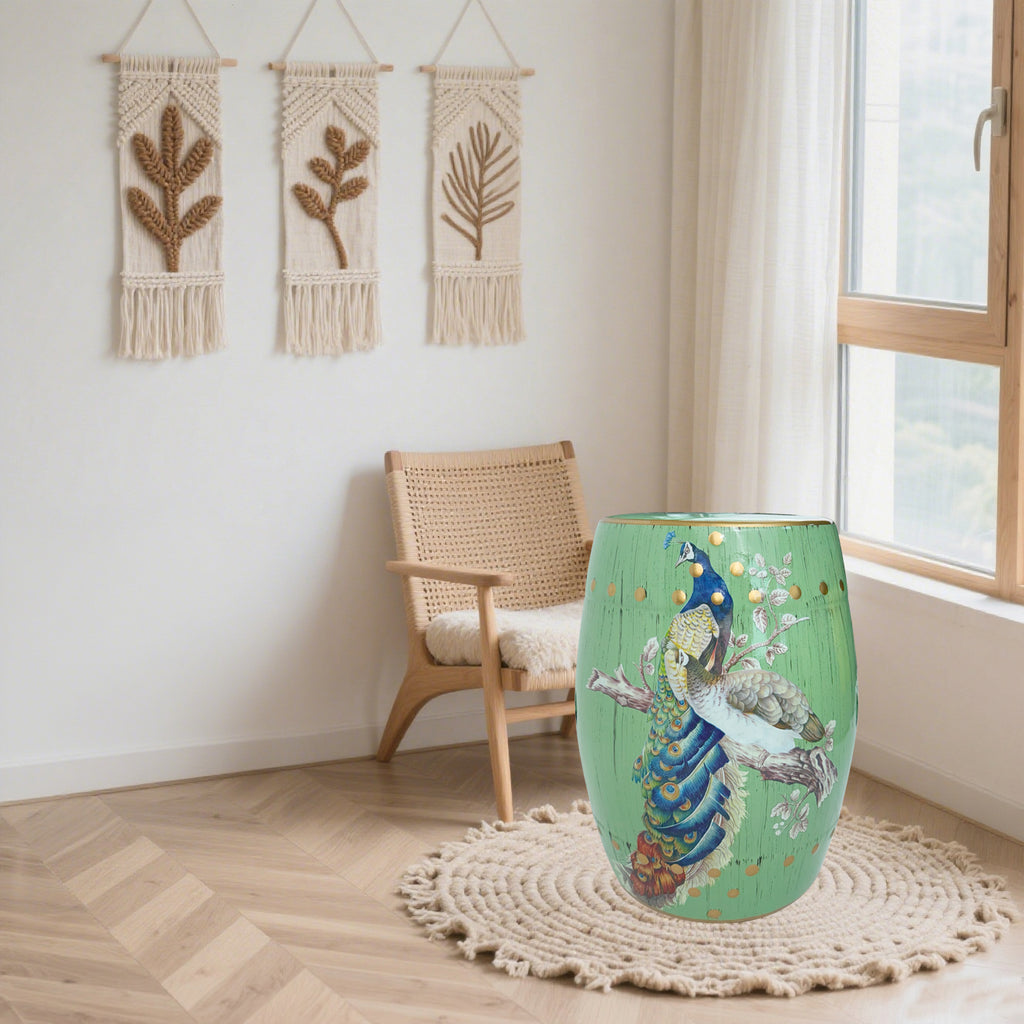 Emerald Peacock Ceramic Drum Stool