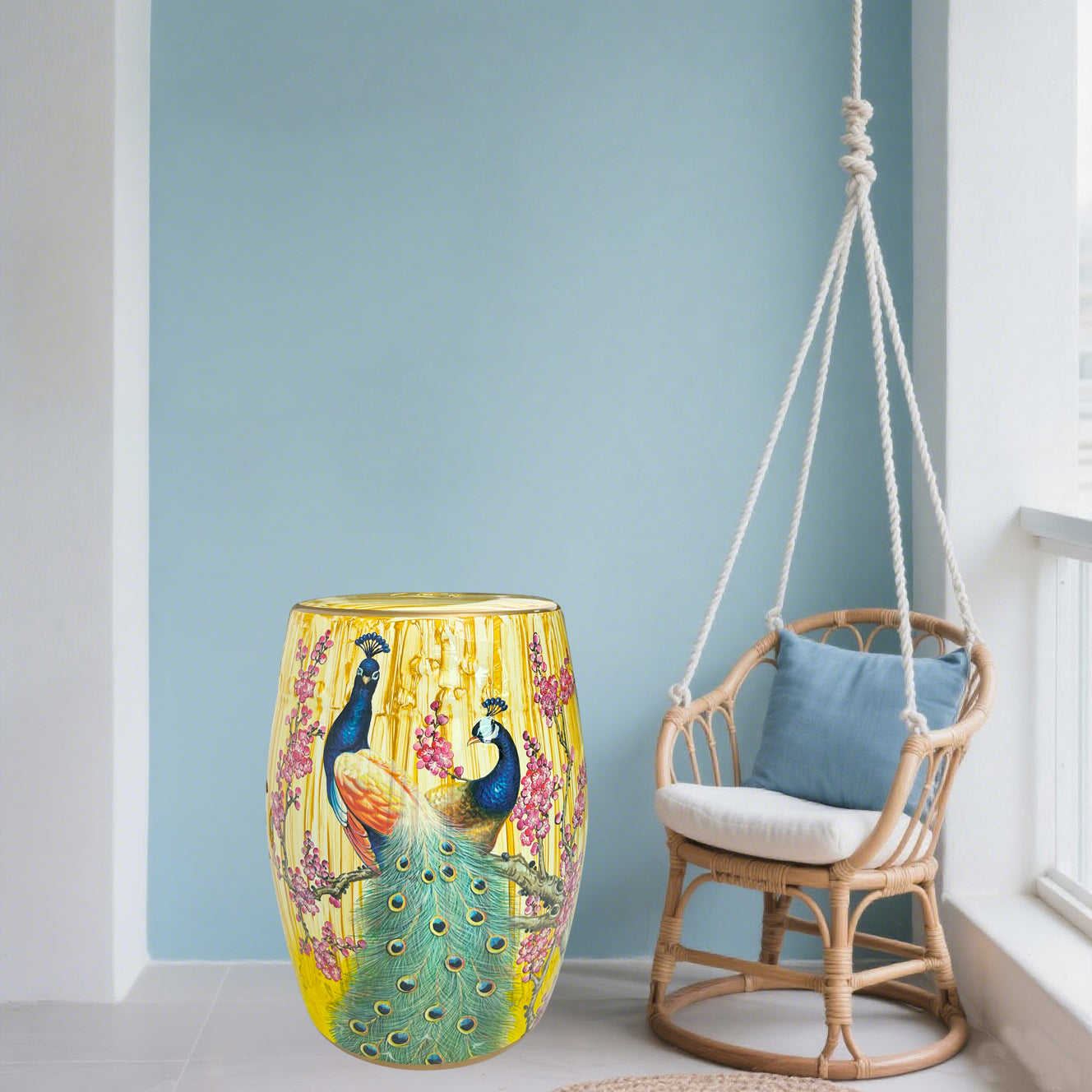 Golden Peacock Ceramic Drum Stool