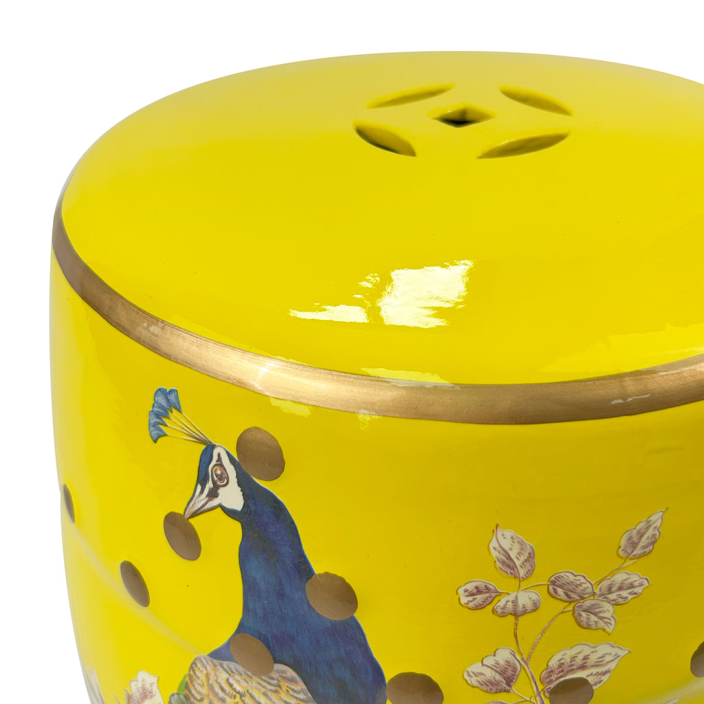 Peacock - Themed Yellow Ceramic Drum Stool