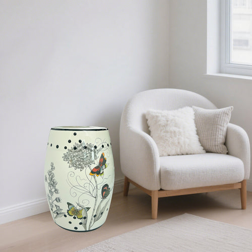 Butterfly & Floral Ceramic Drum Stool