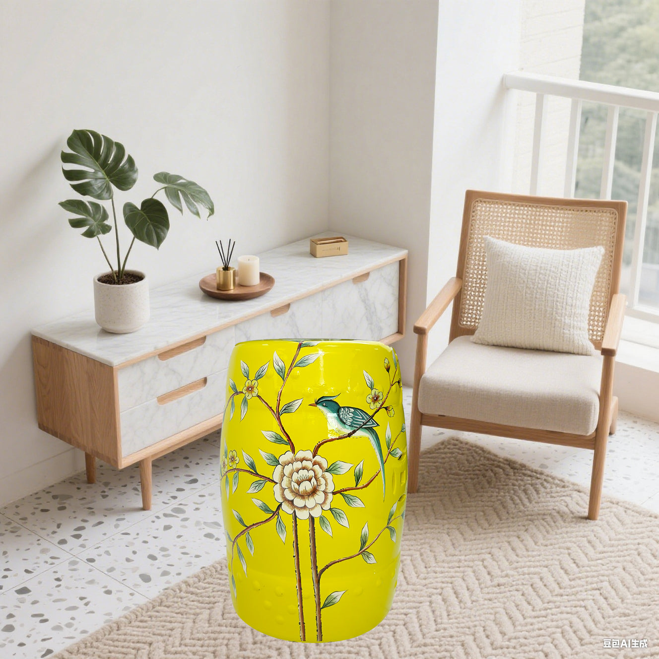 Vibrant Yellow Floral - Bird Ceramic Drum Stool