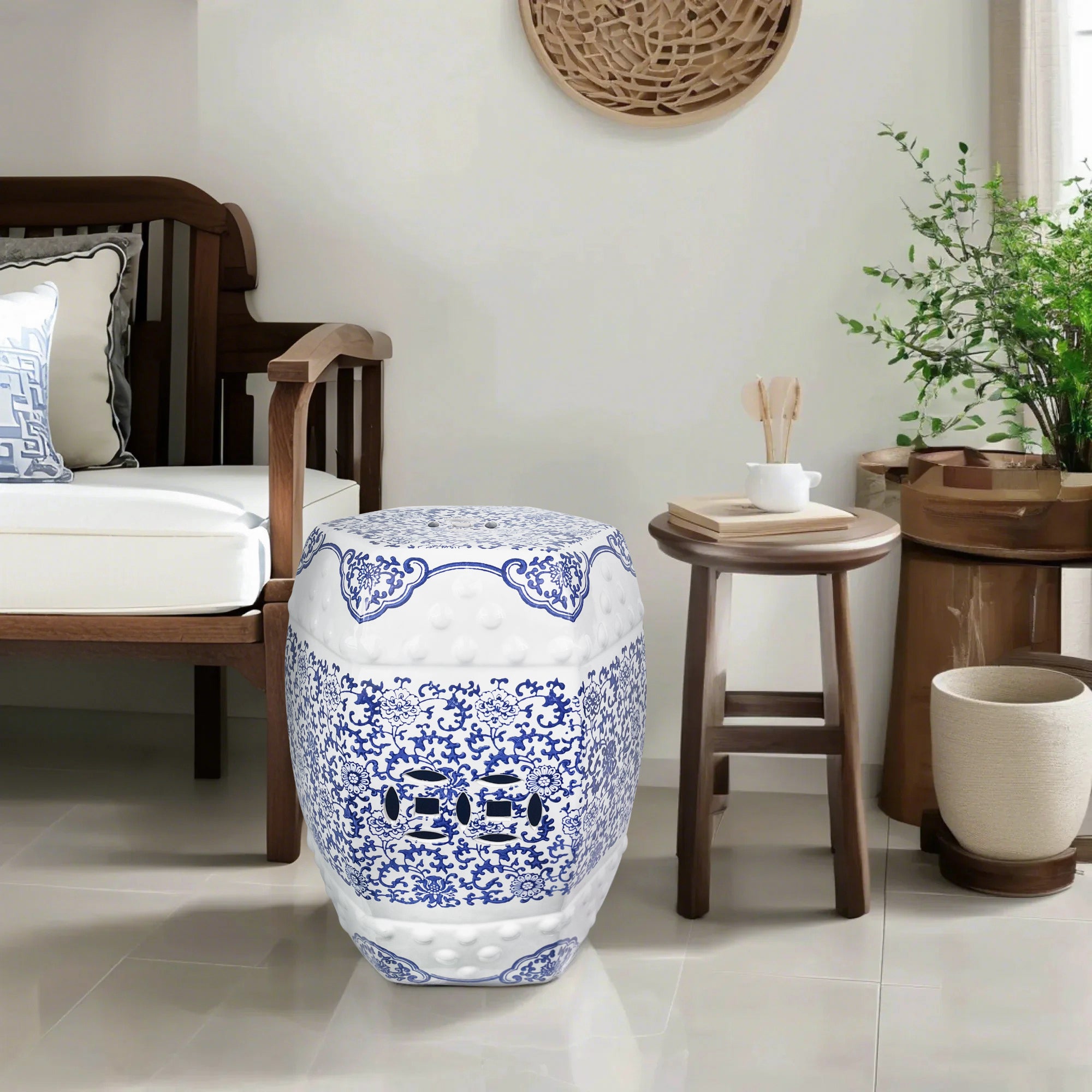 Ceramic garden stool blue and white shape pattern traditional design outdoor furniture