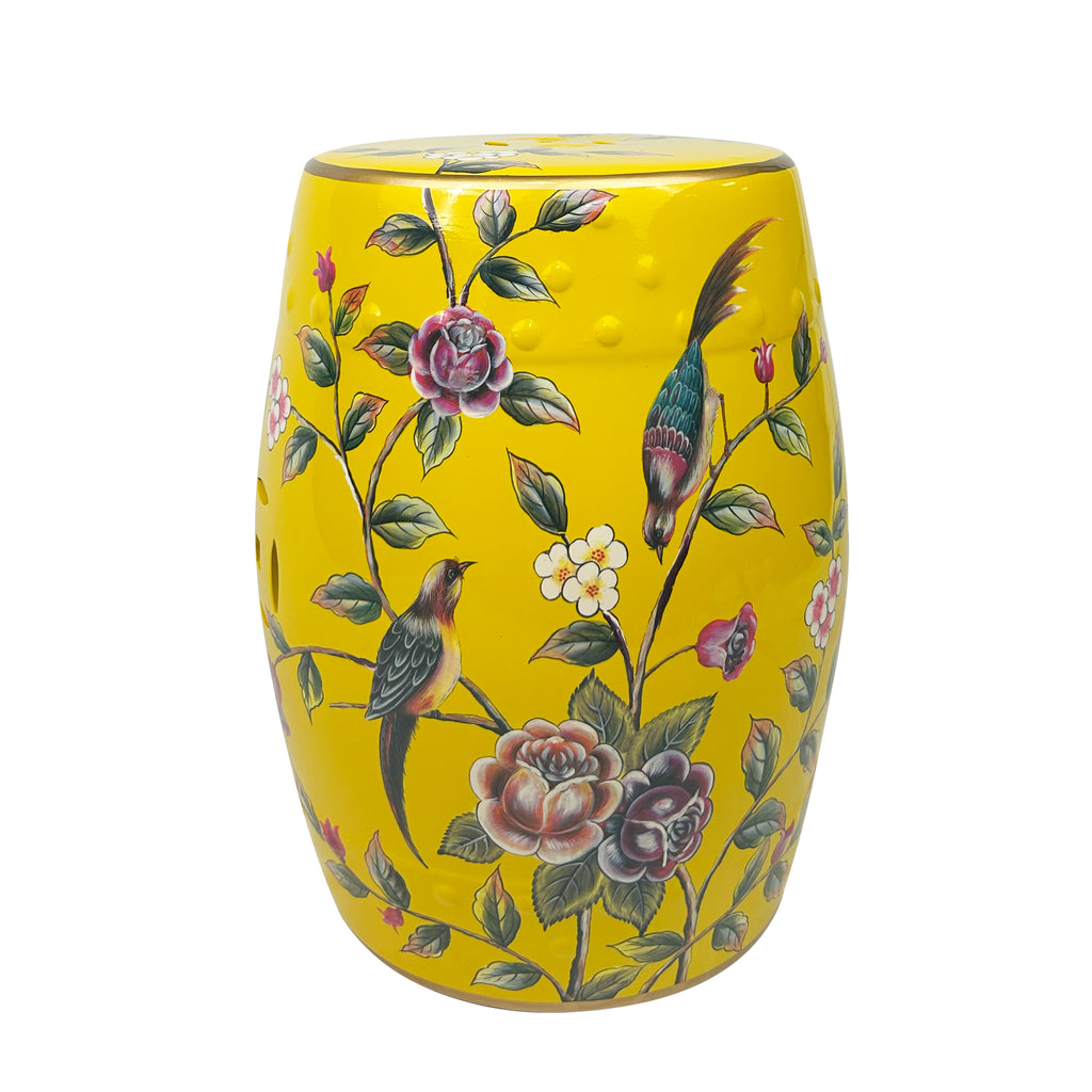 Vibrant Yellow Ceramic Drum Stool with Exquisite Floral Patterns and Decorative Perforations