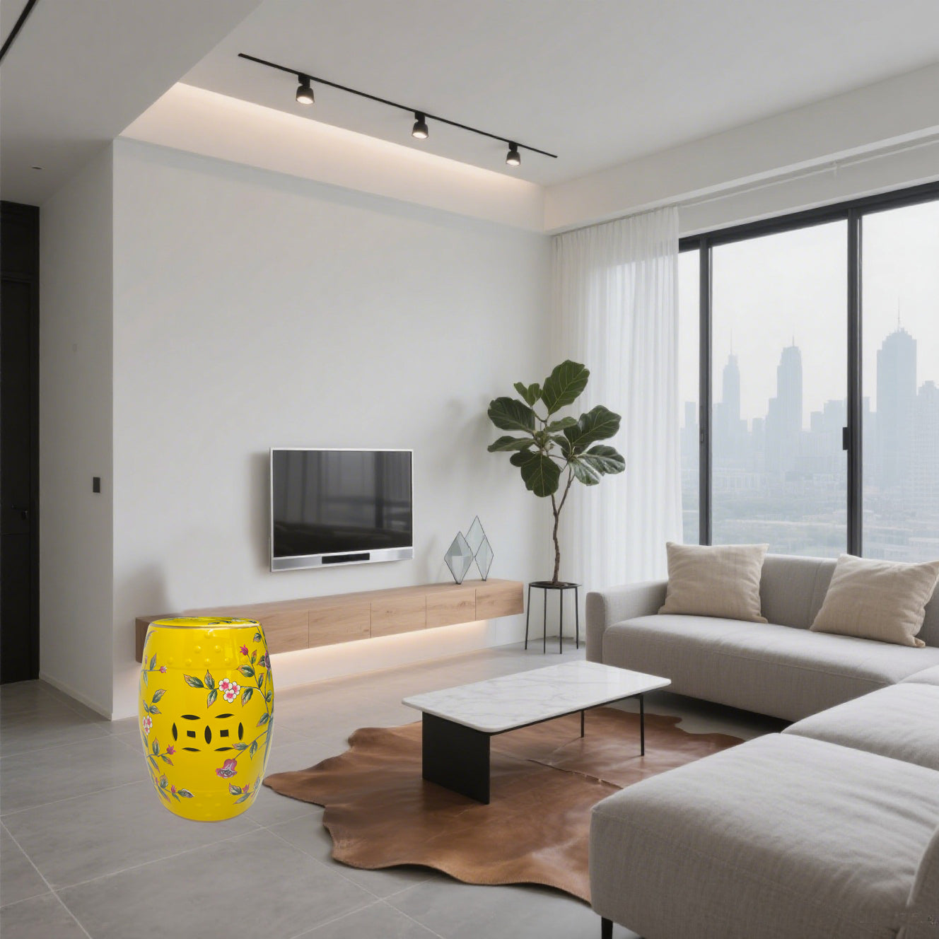 Vibrant Yellow Ceramic Drum Stool with Exquisite Floral Patterns and Decorative Perforations