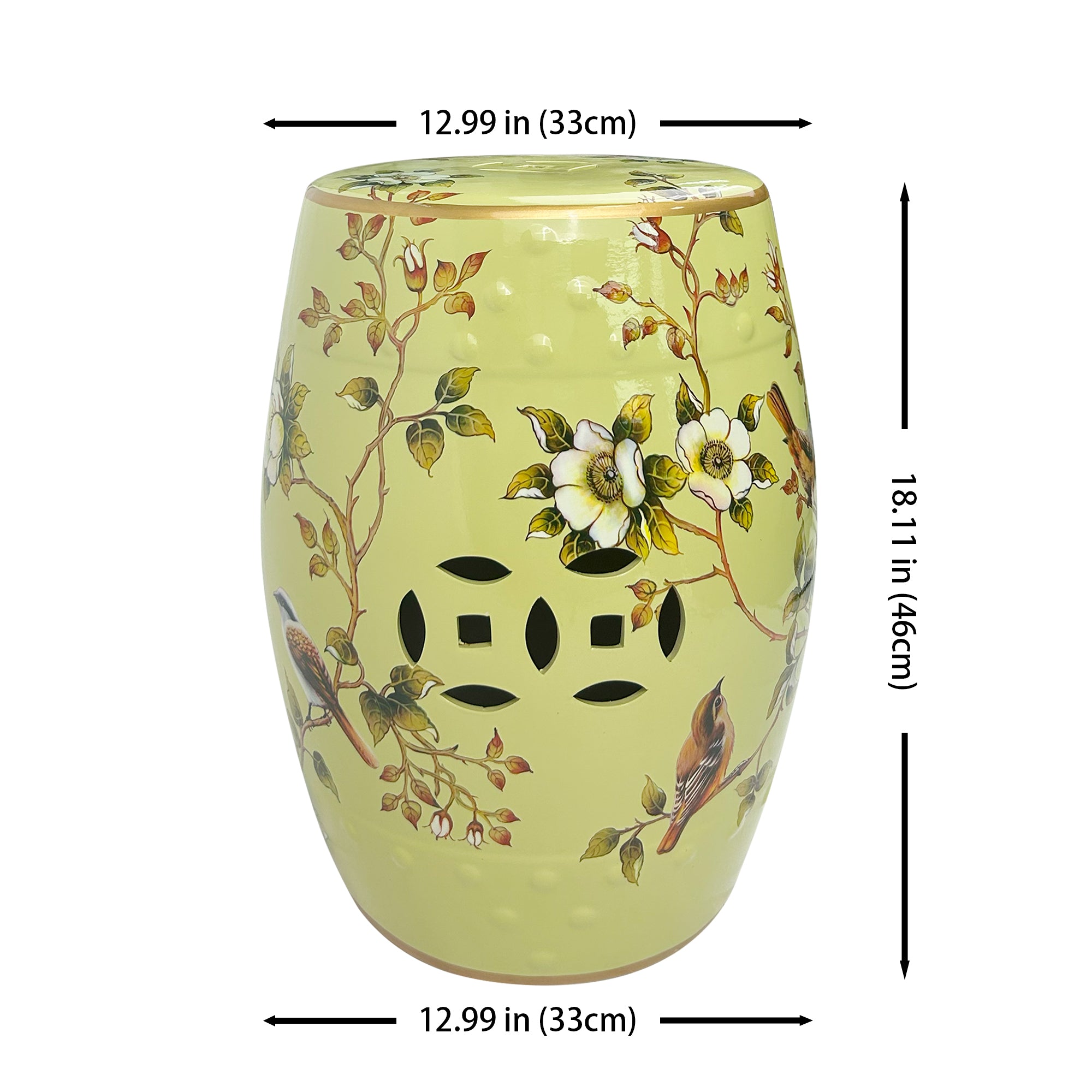 Vintage-inspired Light Green Ceramic Drum Stool with Floral and Bird Motifs & Decorative Cut-outs