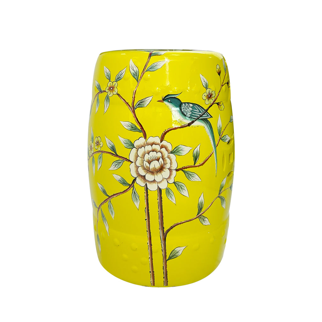 Vibrant Yellow Floral - Bird Ceramic Drum Stool