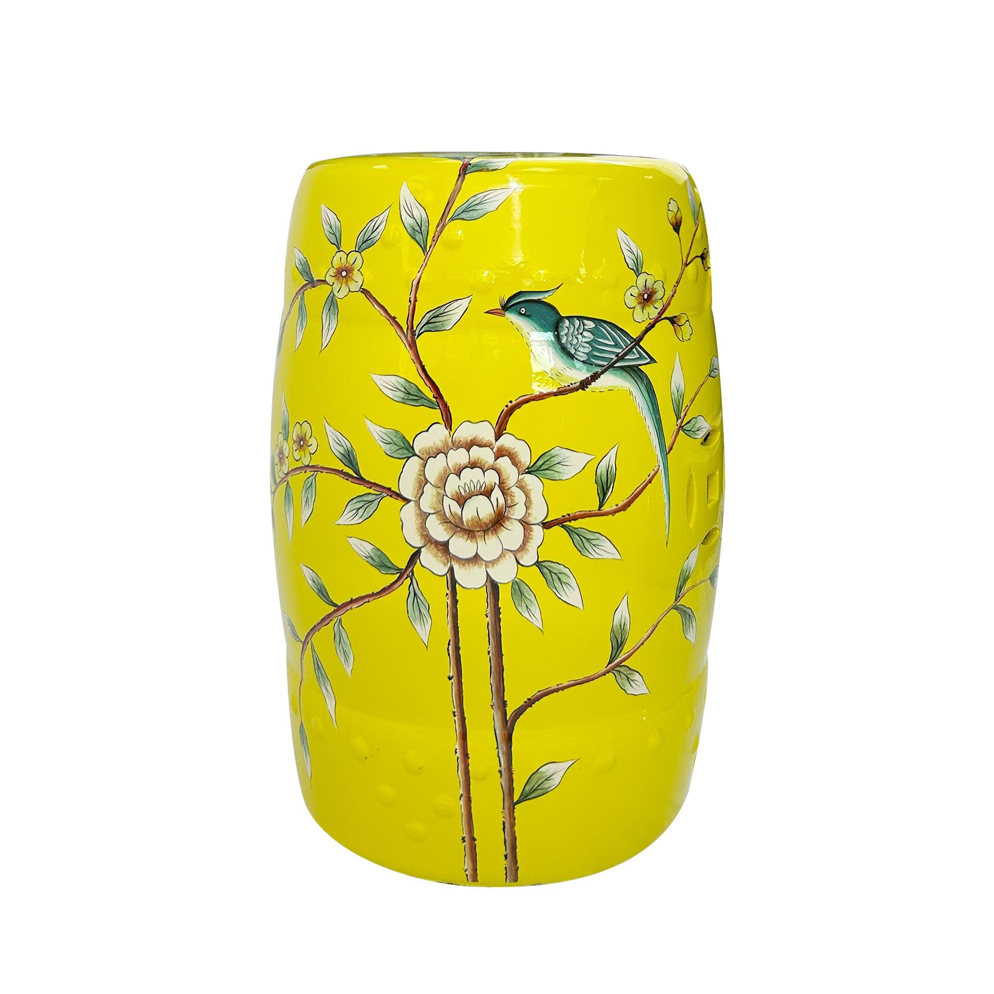 Vibrant Yellow Floral - Bird Ceramic Drum Stool