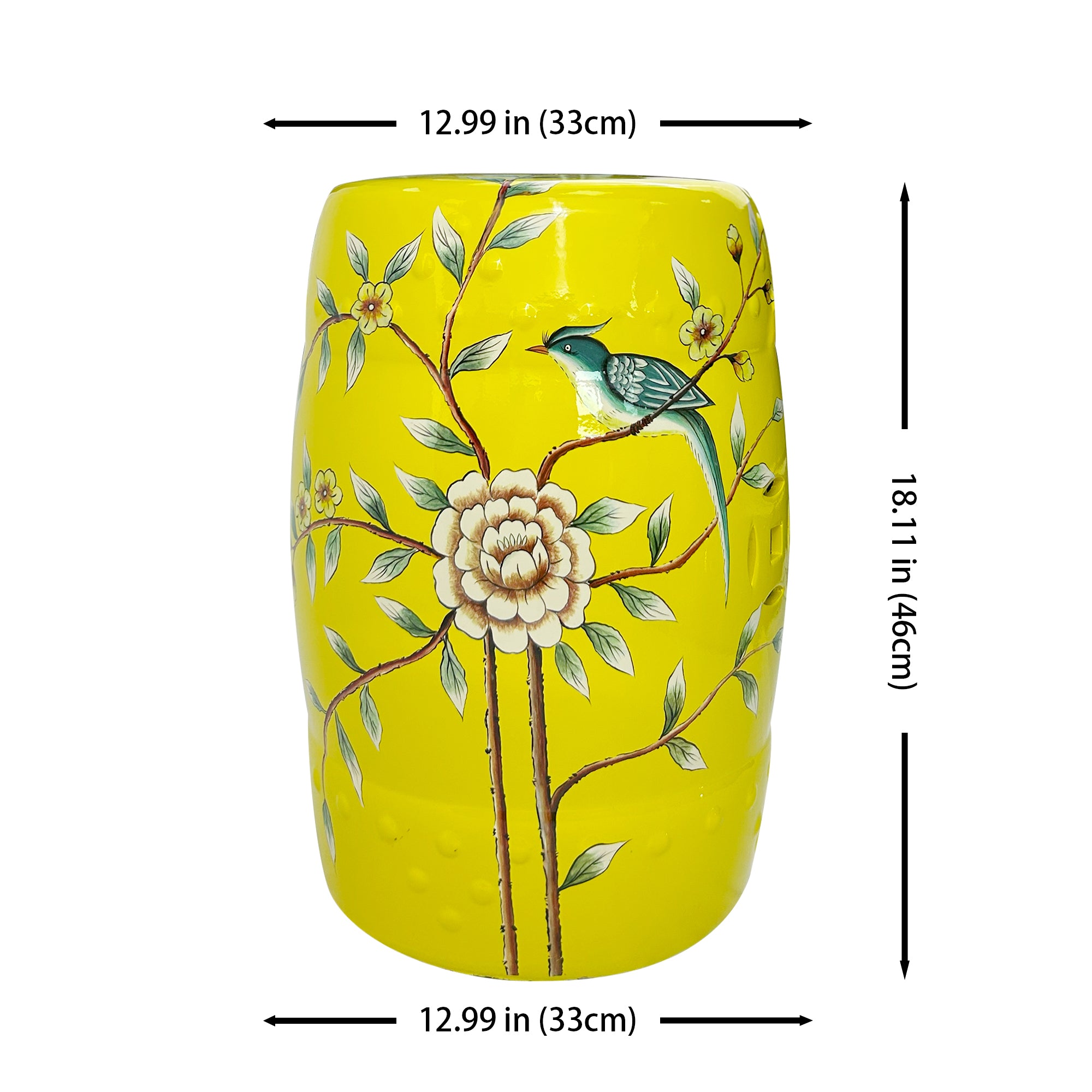 Vibrant Yellow Floral - Bird Ceramic Drum Stool