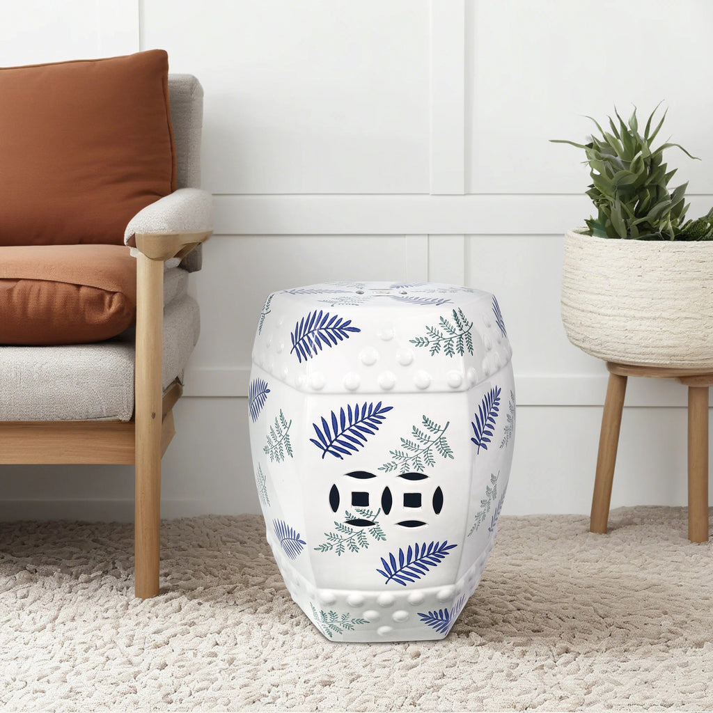 Ceramic blue green plant interest hexagonal stool outdoor furniture