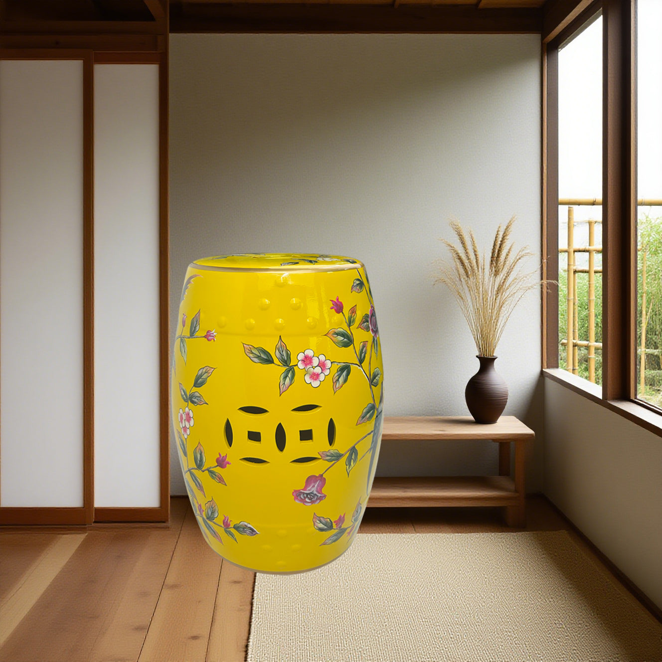Vibrant Yellow Ceramic Drum Stool with Exquisite Floral Patterns and Decorative Perforations