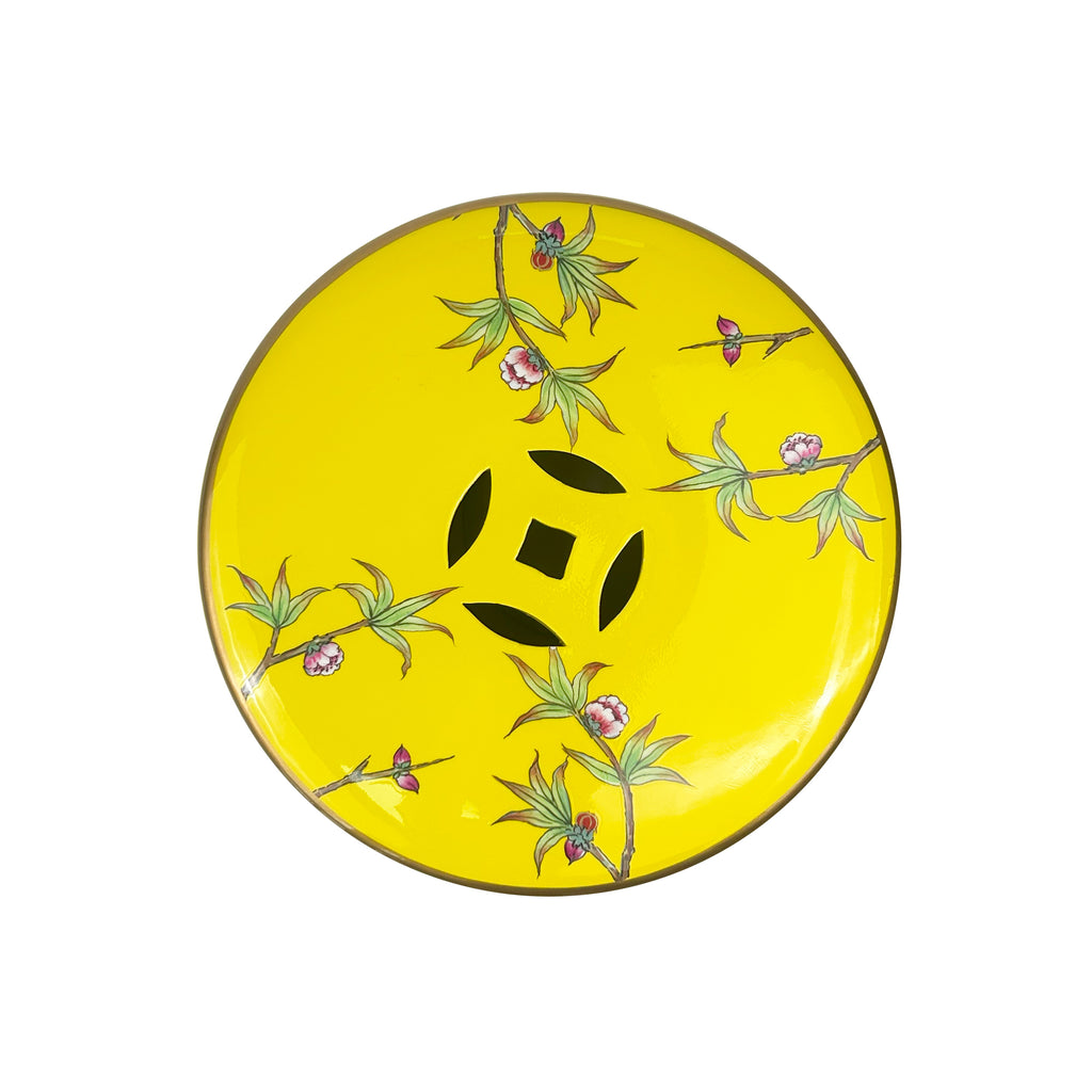 Bright Yellow Ceramic Drum Stool Featuring Blossom Branches and Birds with Decorative Cut-outs