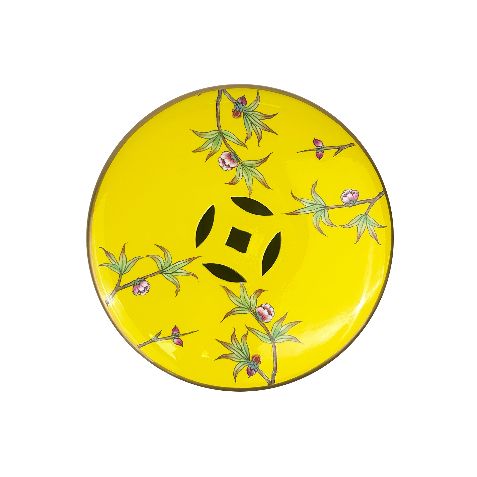 Bright Yellow Ceramic Drum Stool Featuring Blossom Branches and Birds with Decorative Cut-outs