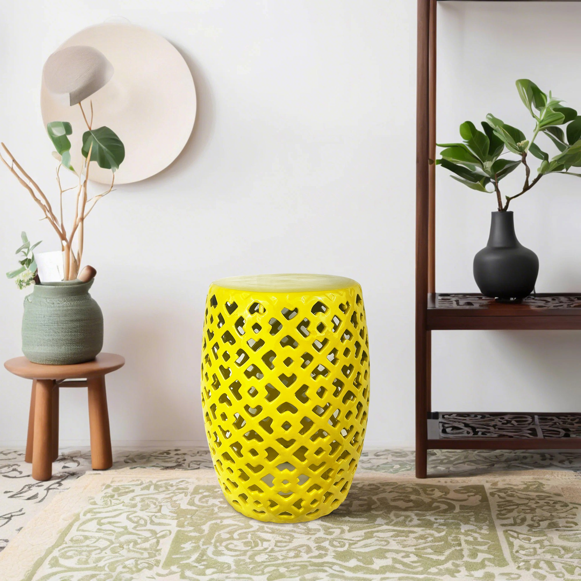 Ceramic garden stool yellow cylindrical lattice outdoor furniture