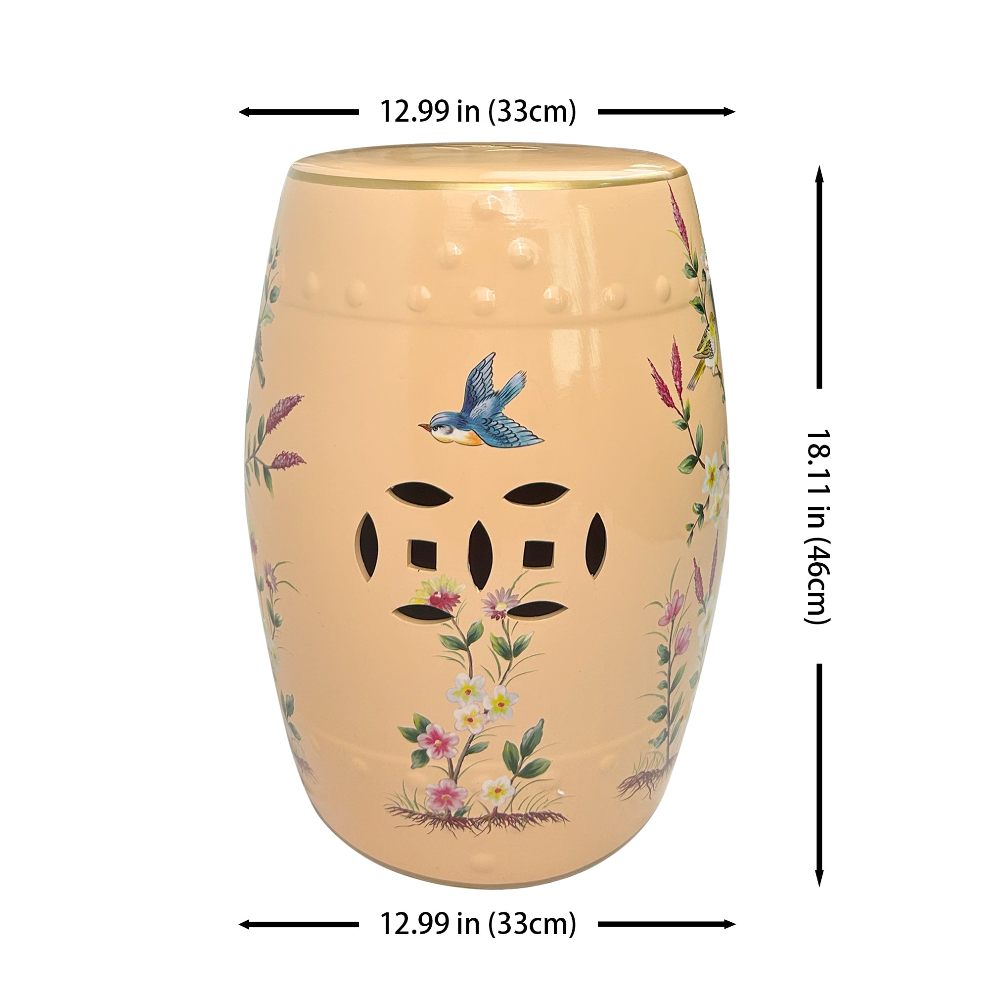 Hand-Painted Peach Ceramic Stool with Floral and Bird Motifs & Geometric Cut-outs