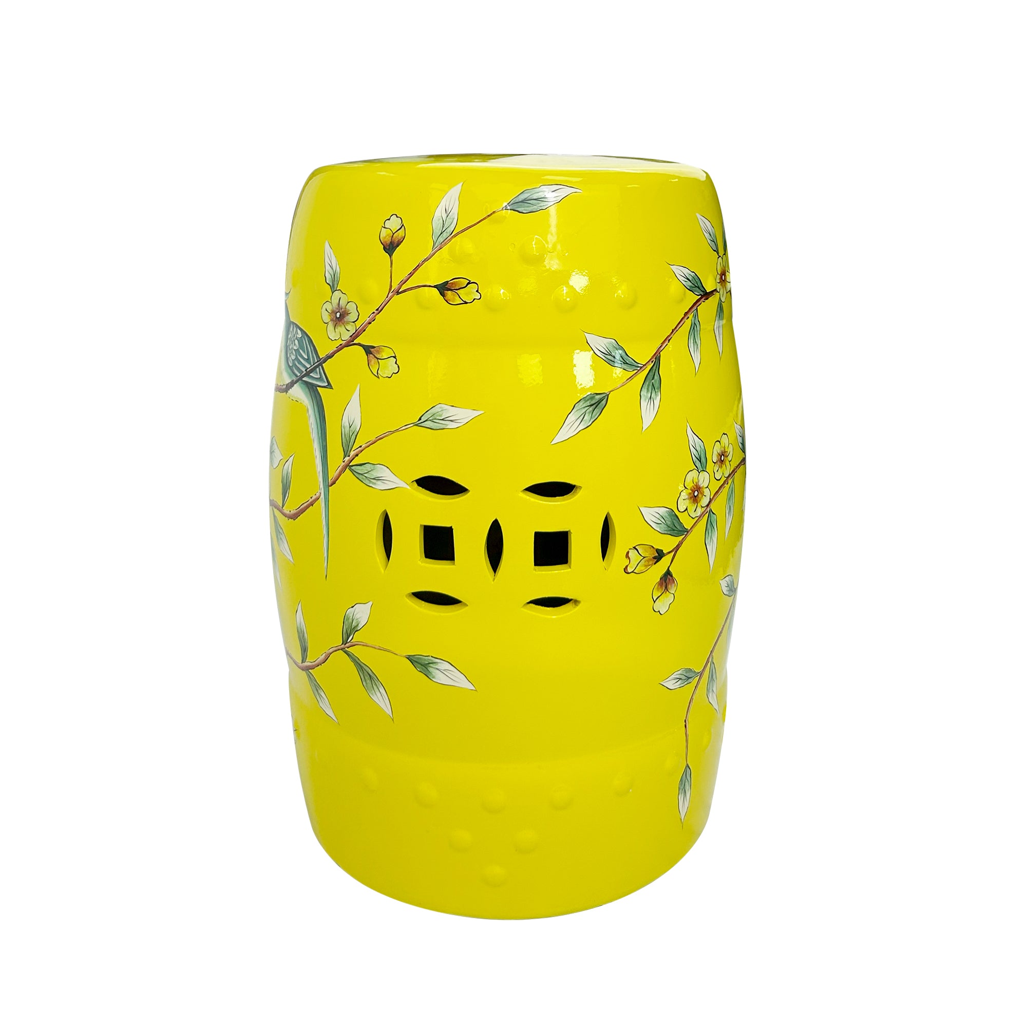 Vibrant Yellow Floral - Bird Ceramic Drum Stool