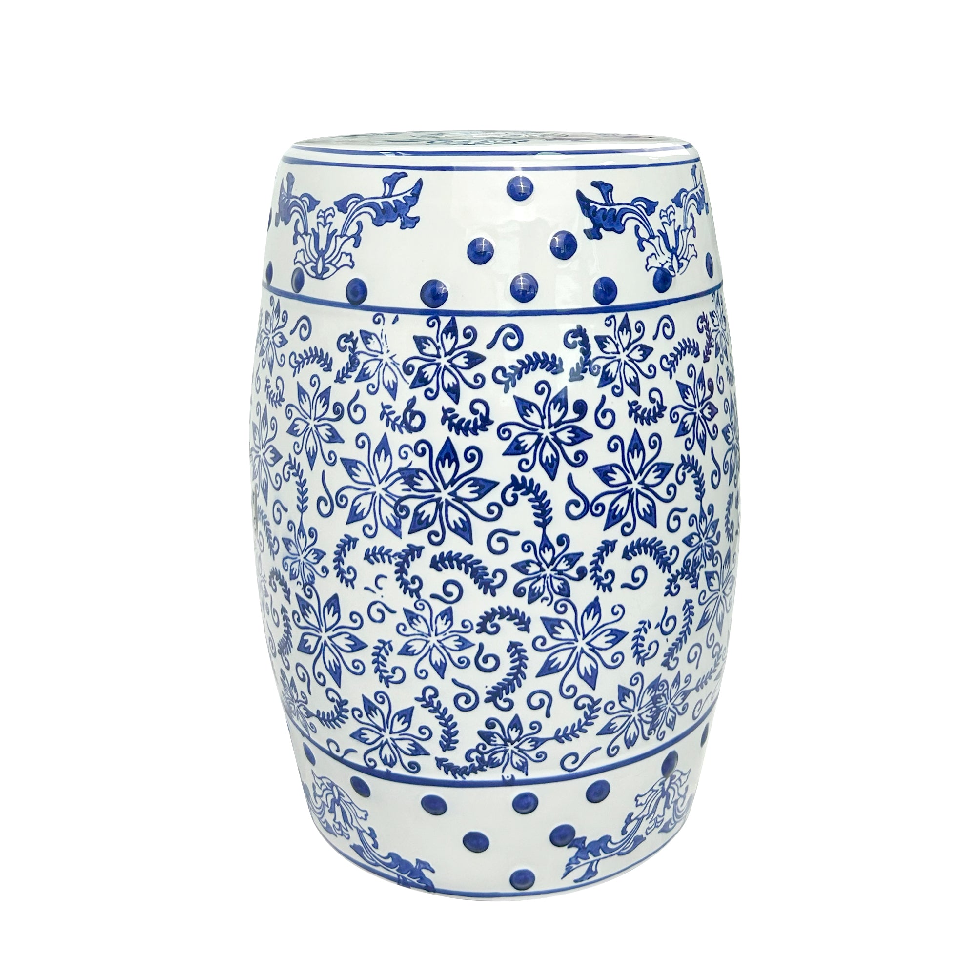 Blue - and - White Porcelain Drum Stool with Interlocking Branch Pattern