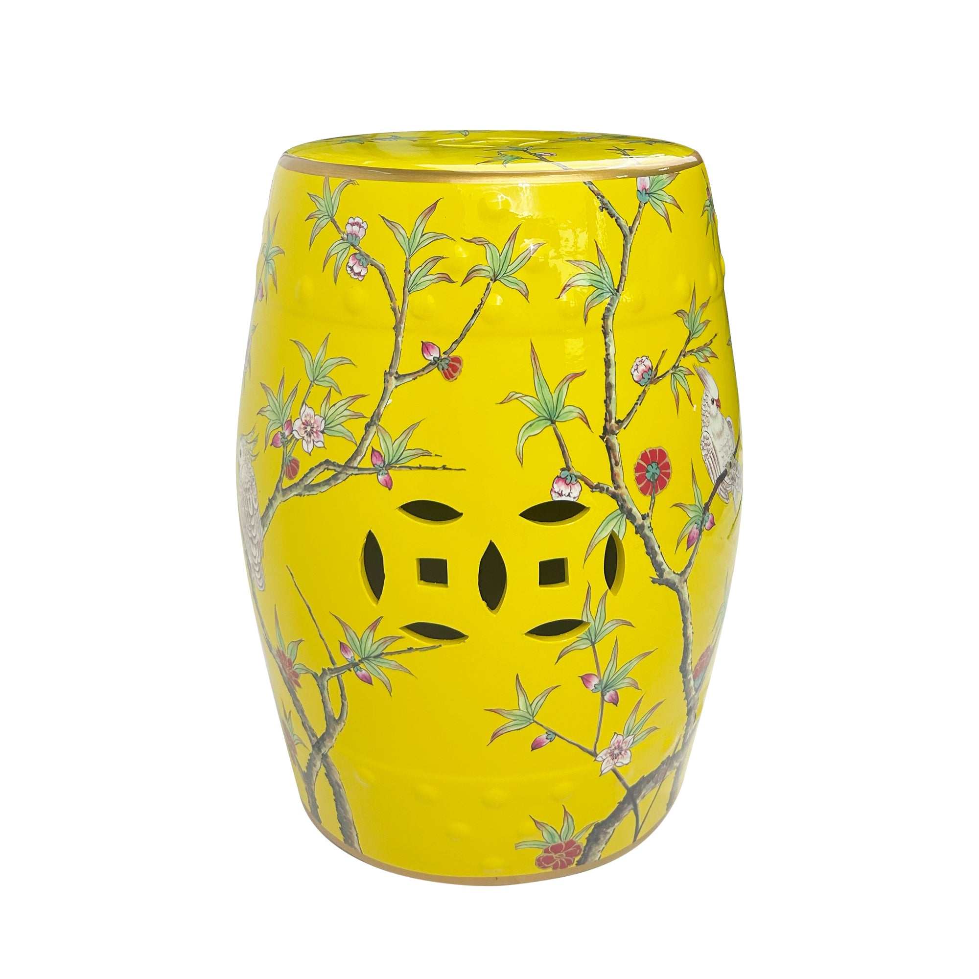 Bright Yellow Ceramic Drum Stool Featuring Blossom Branches and Birds with Decorative Cut-outs