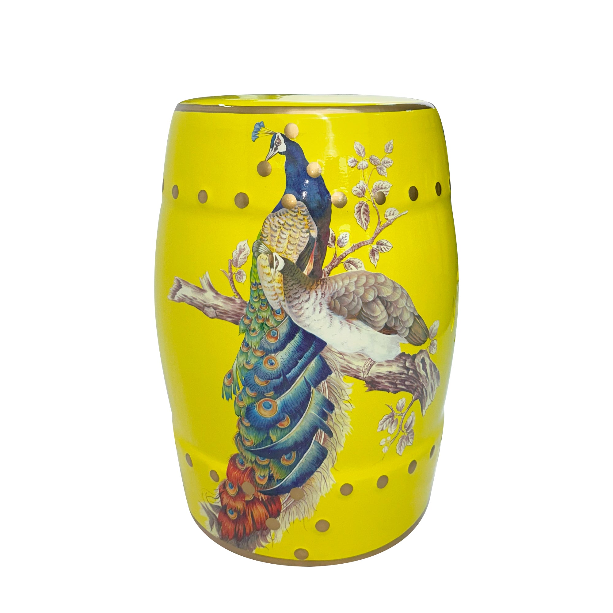 Peacock - Themed Yellow Ceramic Drum Stool