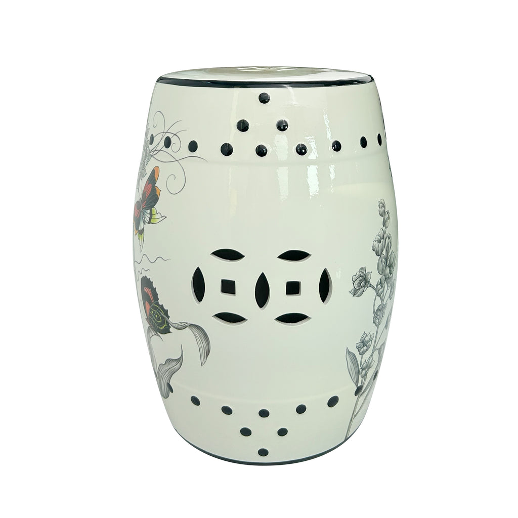 Butterfly & Floral Ceramic Drum Stool