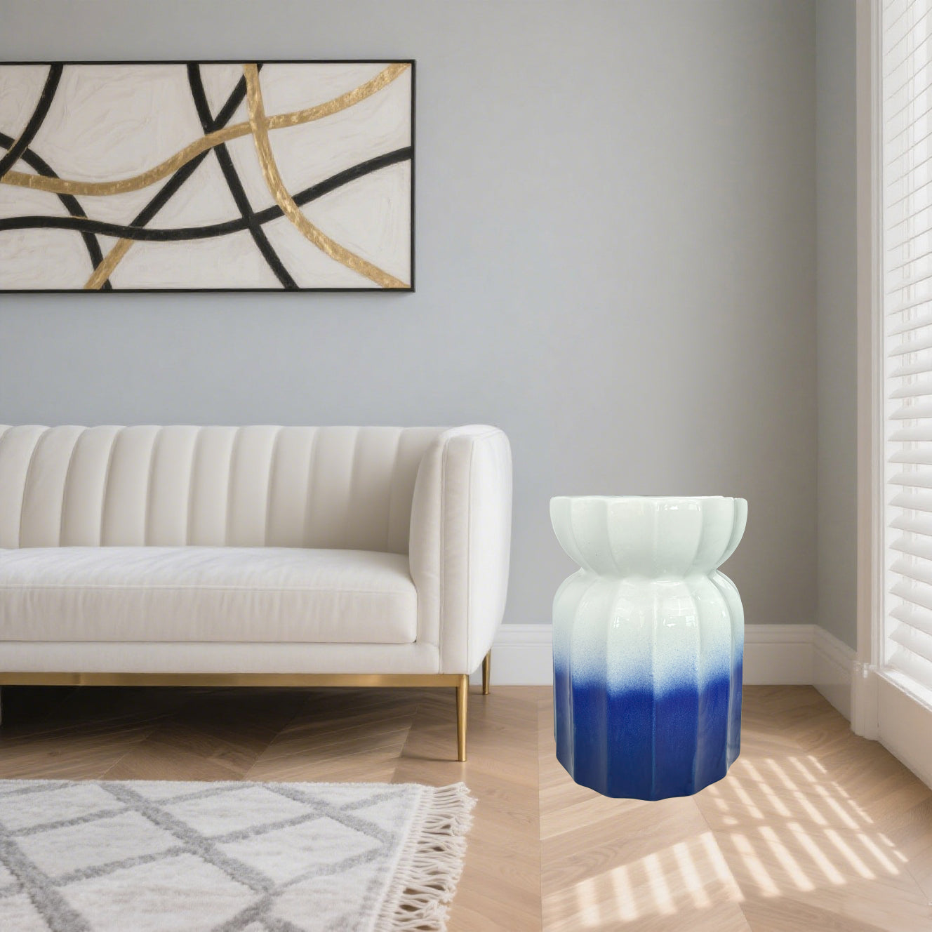 Gradient Blue - White Ceramic Drum Stool