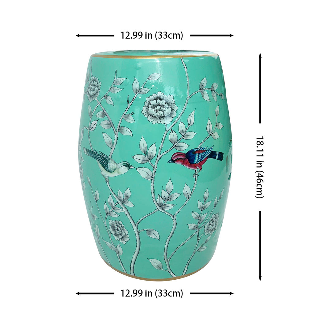 Turquoise Floral - Bird Ceramic Drum Stool