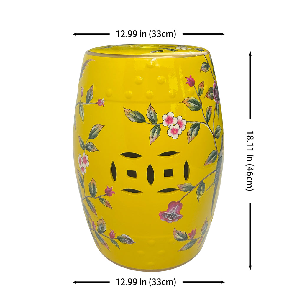 Vibrant Yellow Ceramic Drum Stool with Exquisite Floral Patterns and Decorative Perforations