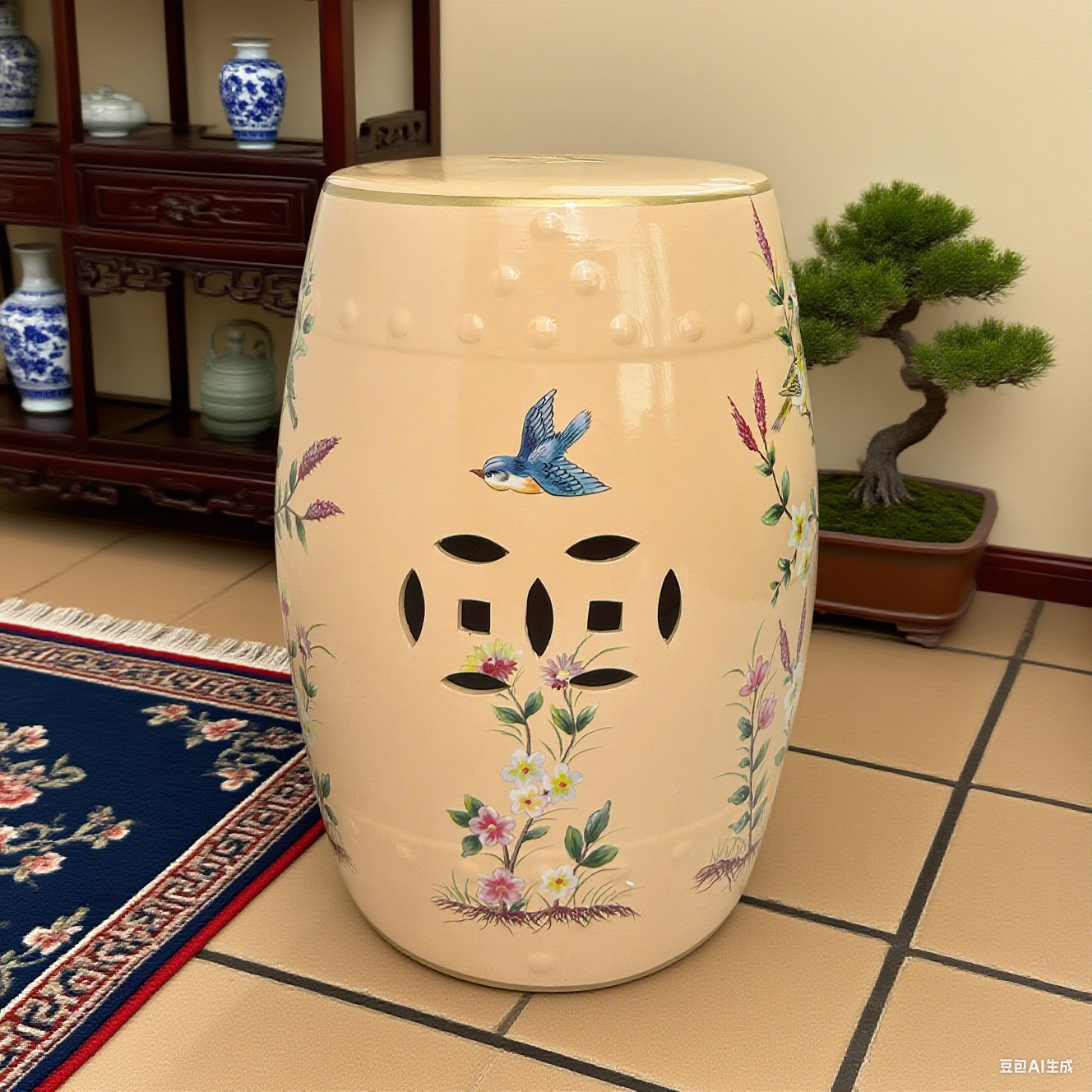Hand-Painted Peach Ceramic Stool with Floral and Bird Motifs & Geometric Cut-outs