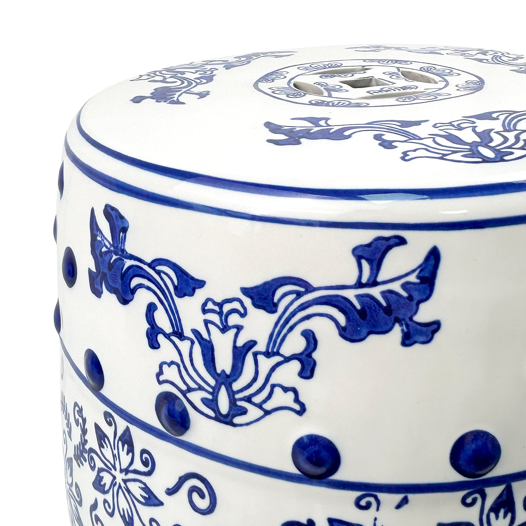 Blue - and - White Porcelain Drum Stool with Interlocking Branch Pattern