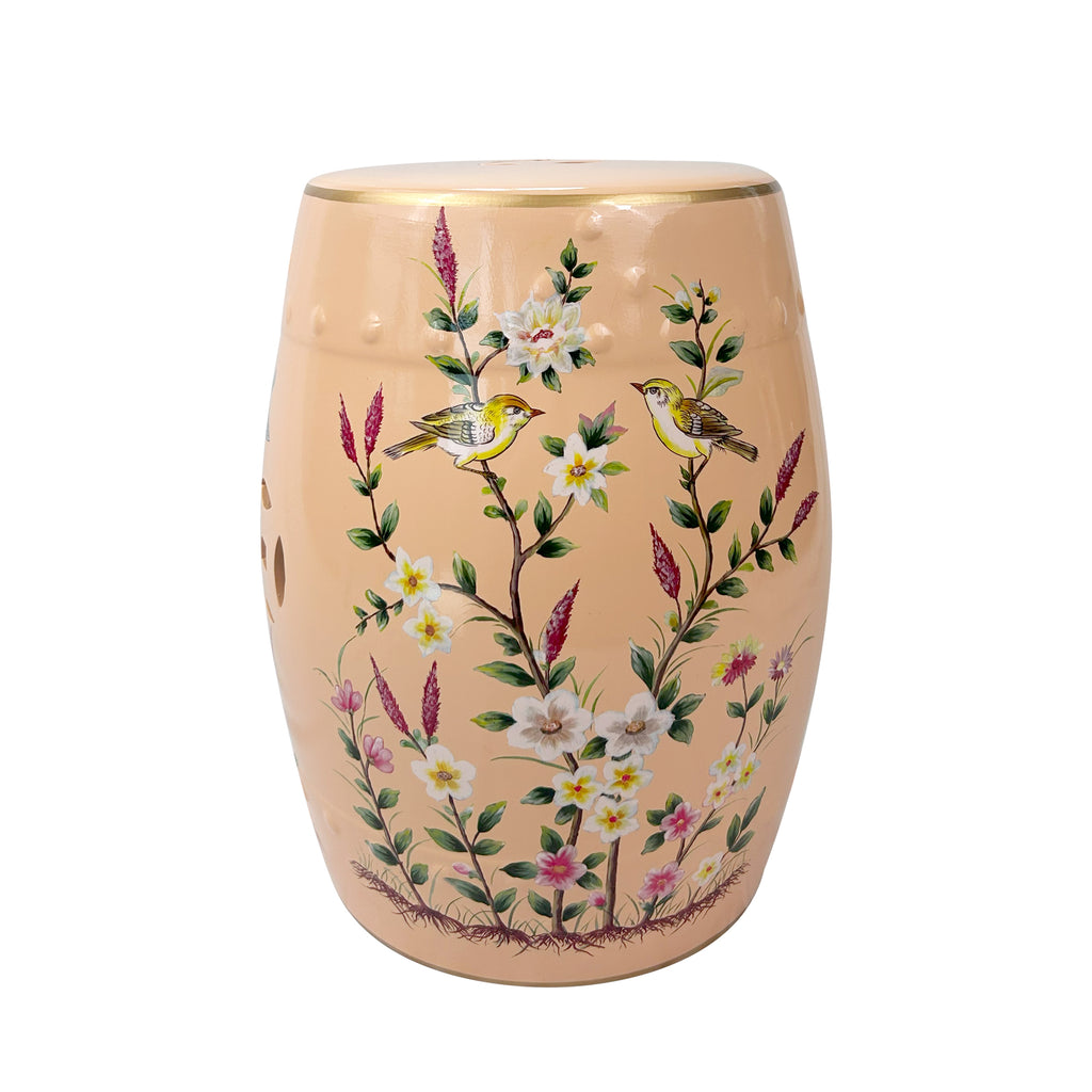 Hand-Painted Peach Ceramic Stool with Floral and Bird Motifs & Geometric Cut-outs