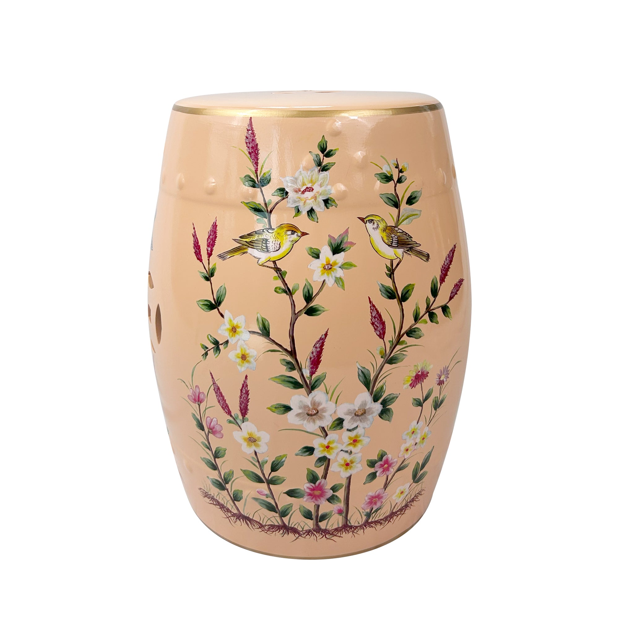 Hand-Painted Peach Ceramic Stool with Floral and Bird Motifs & Geometric Cut-outs