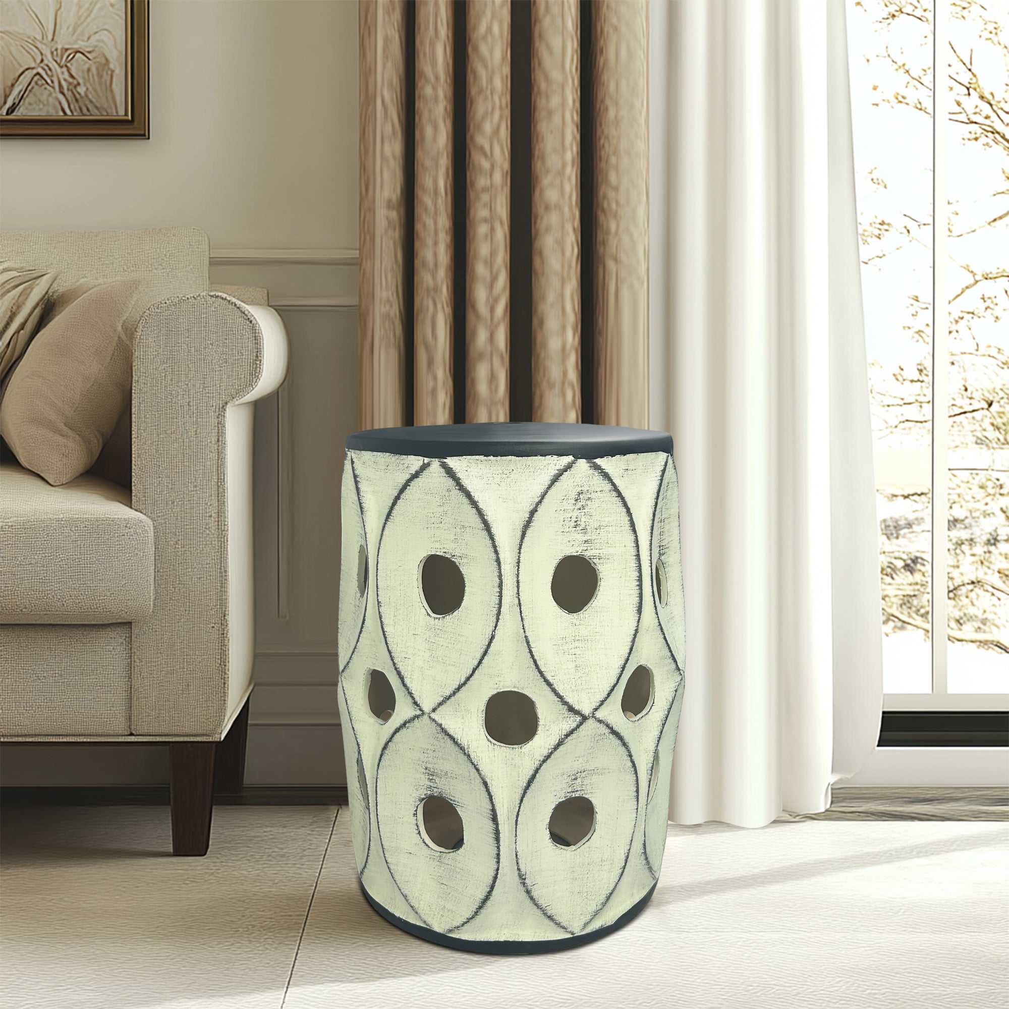 Retro Geometric-Perforated Ceramic Stool for Home Decor