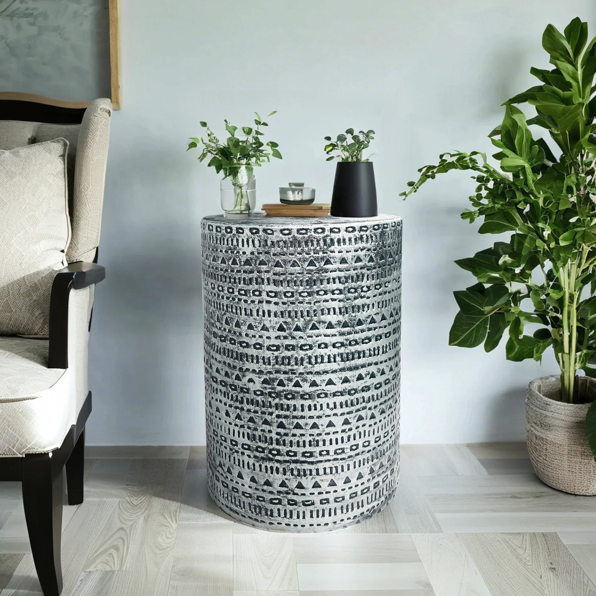 Modern Tribal Charm Textured Geometric-Patterned Ceramic Stool
