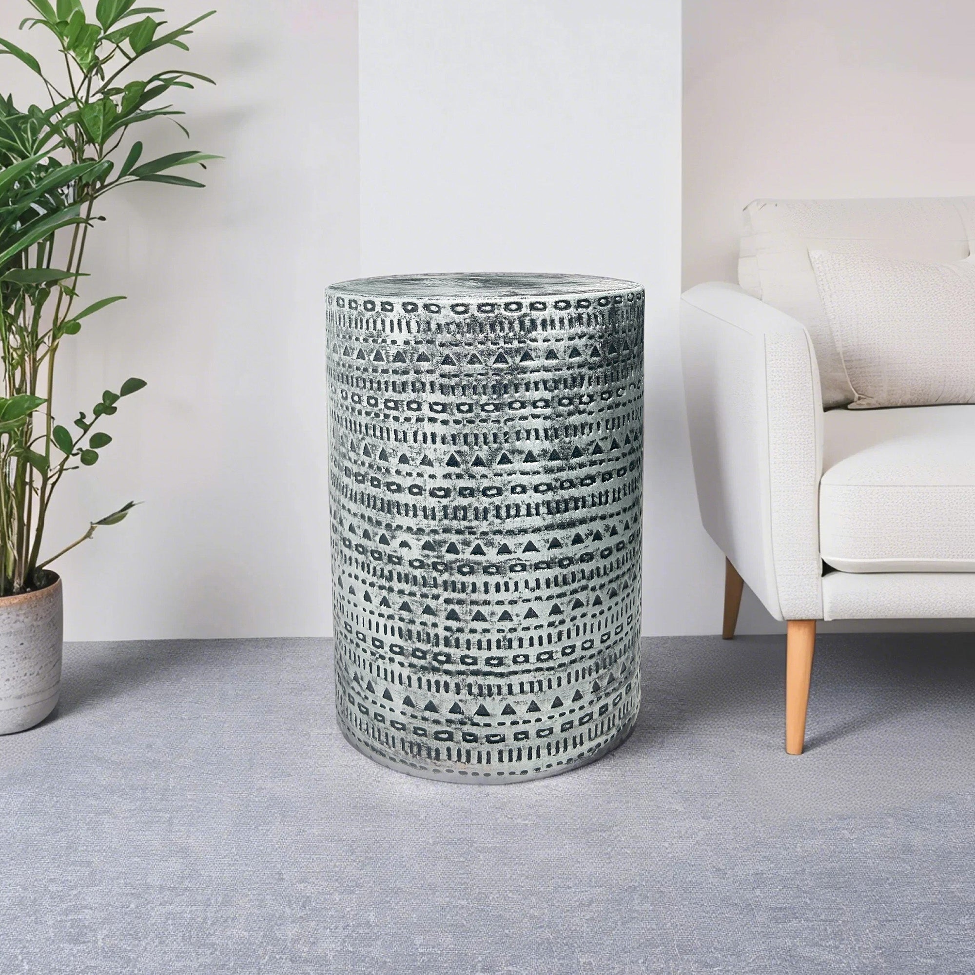 Modern Tribal Charm Textured Geometric-Patterned Ceramic Stool