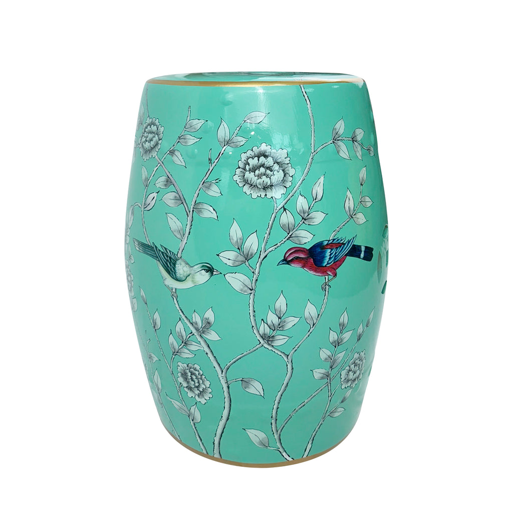 Turquoise Floral - Bird Ceramic Drum Stool