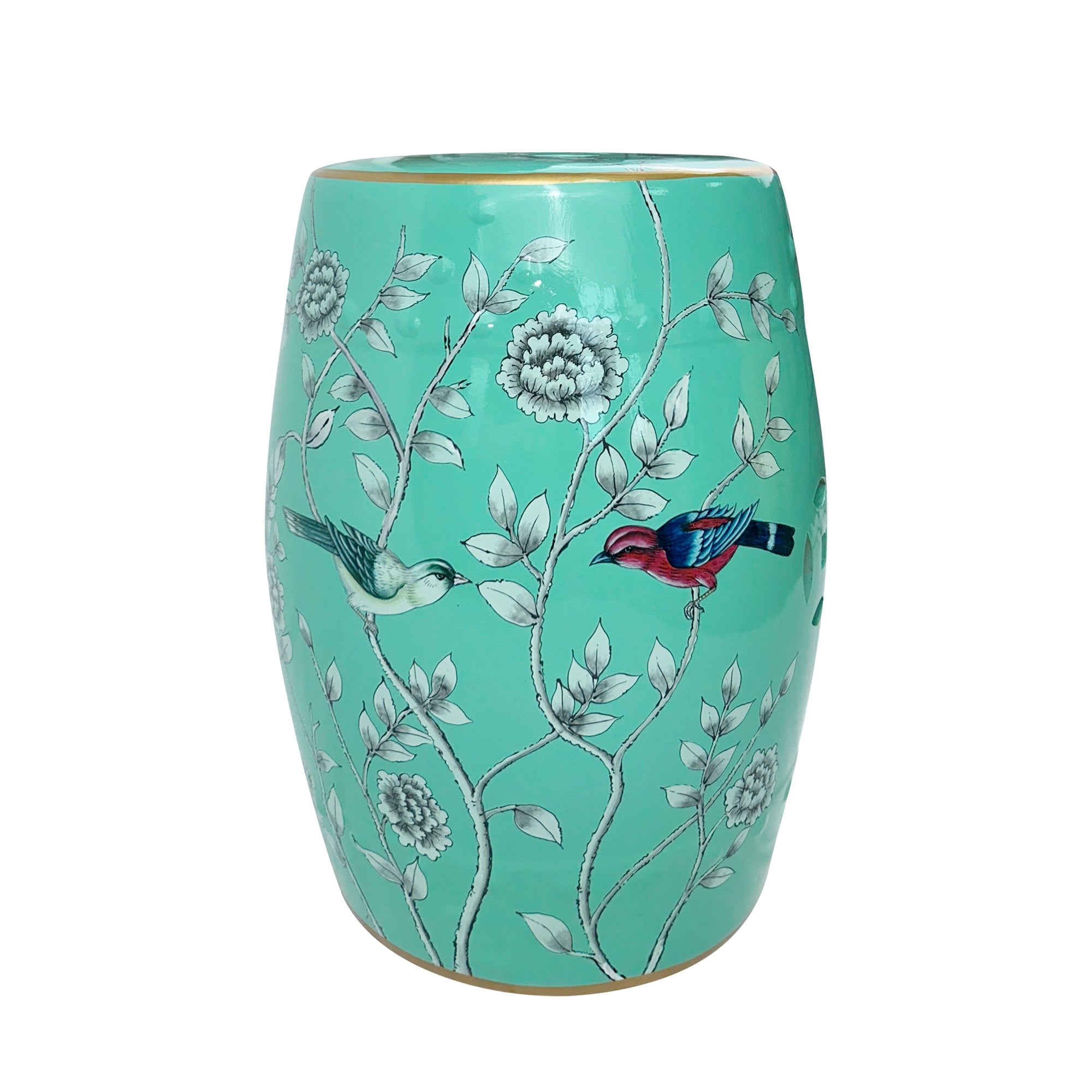 Turquoise Floral - Bird Ceramic Drum Stool