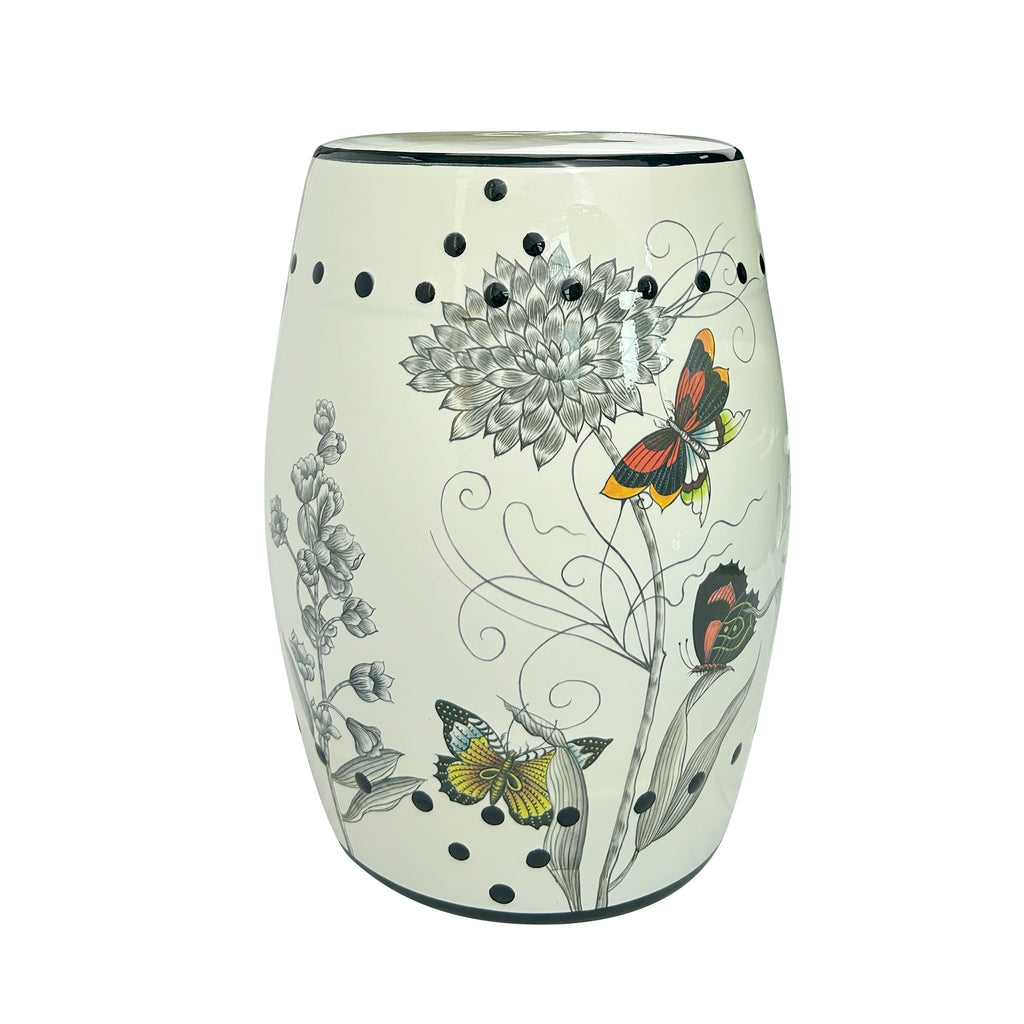 Butterfly & Floral Ceramic Drum Stool