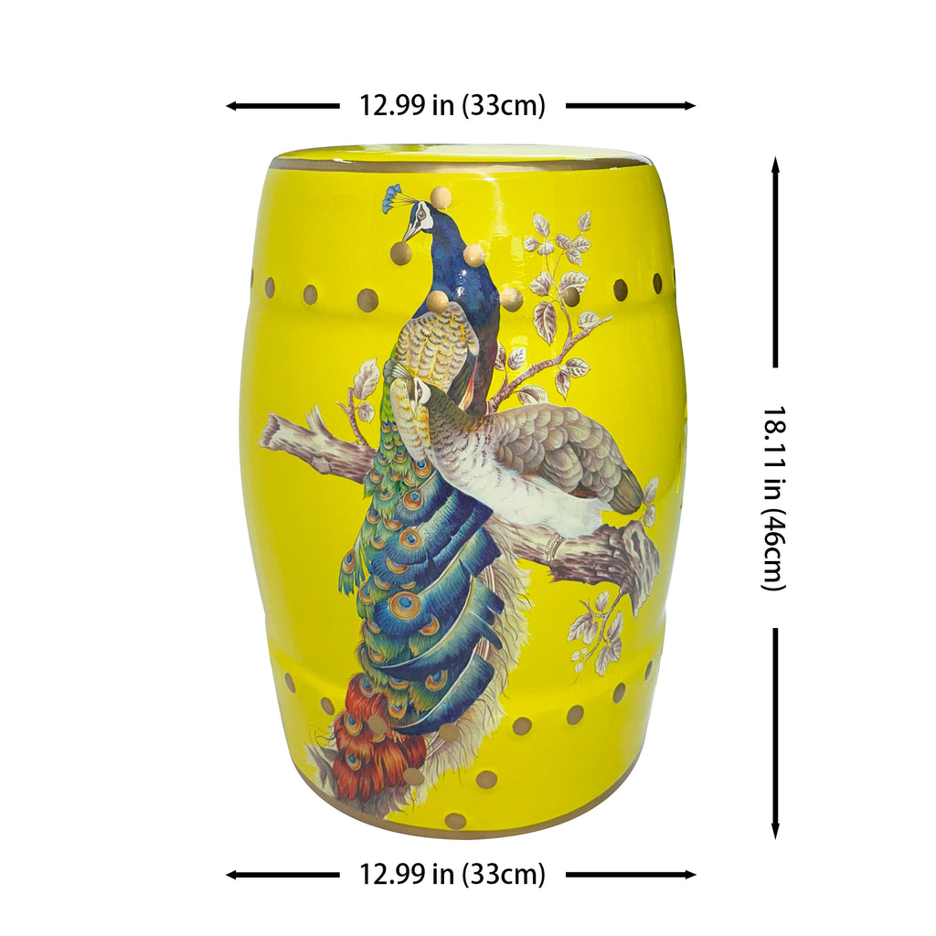 Peacock - Themed Yellow Ceramic Drum Stool