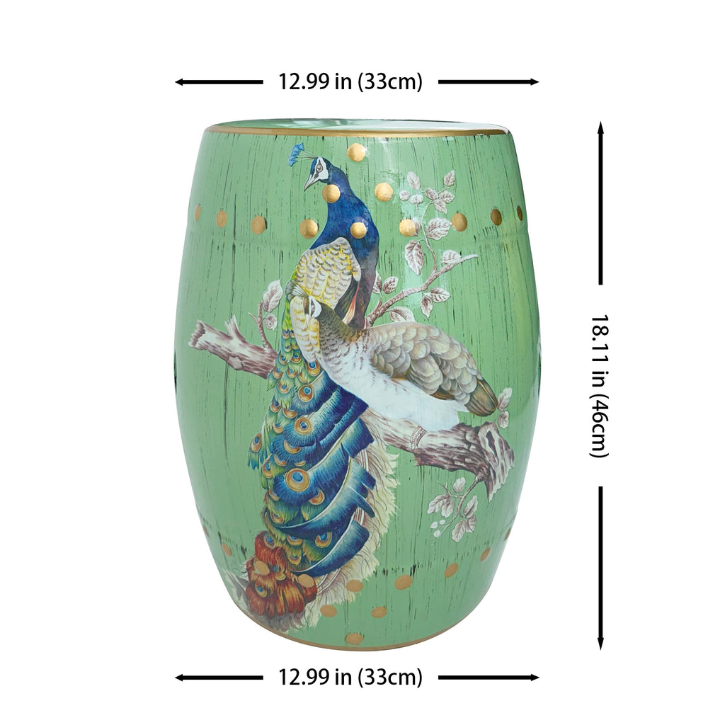 Emerald Peacock Ceramic Drum Stool