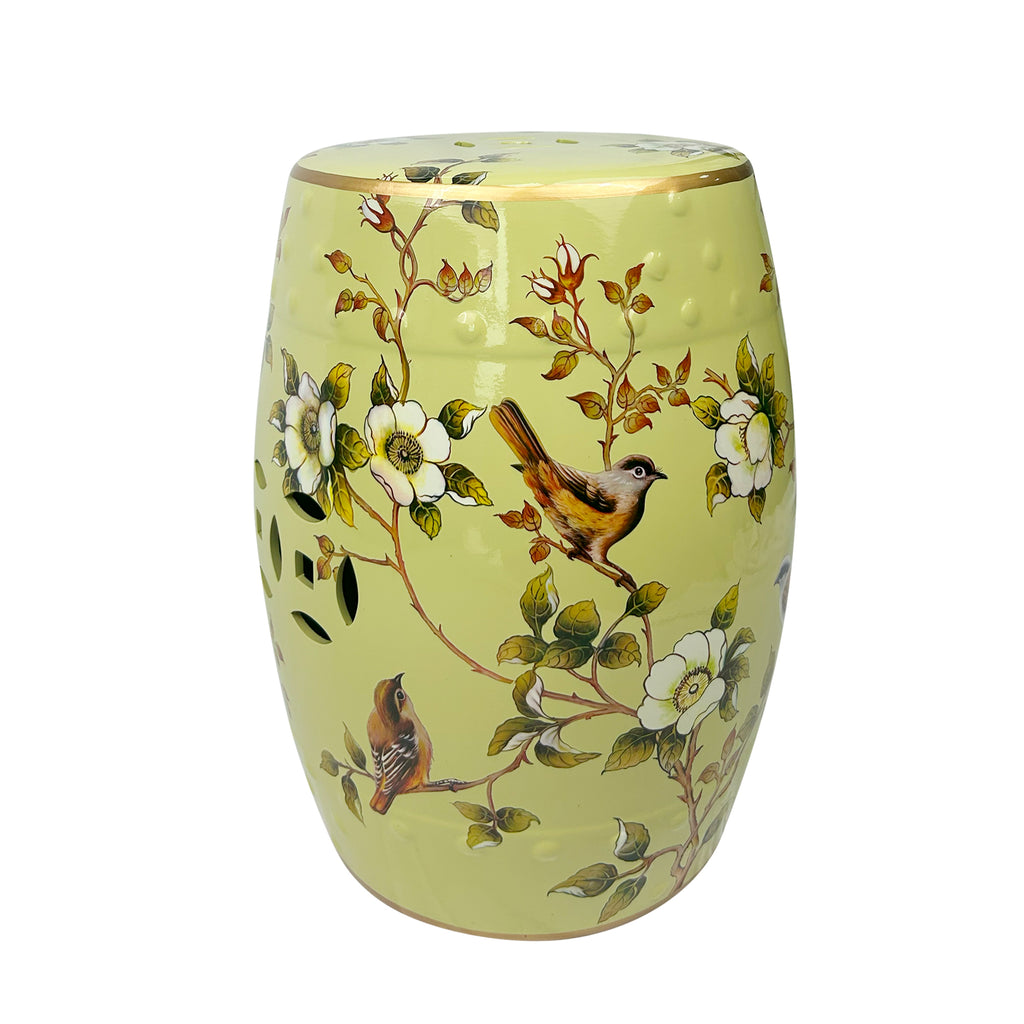 Vintage-inspired Light Green Ceramic Drum Stool with Floral and Bird Motifs & Decorative Cut-outs