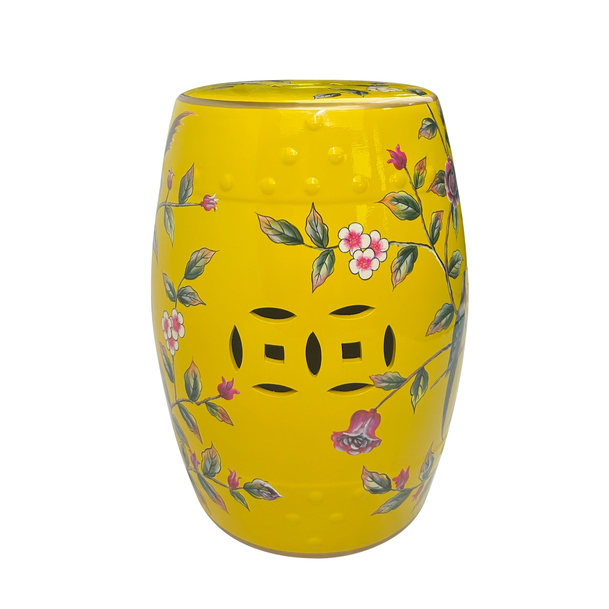 Vibrant Yellow Ceramic Drum Stool with Exquisite Floral Patterns and Decorative Perforations