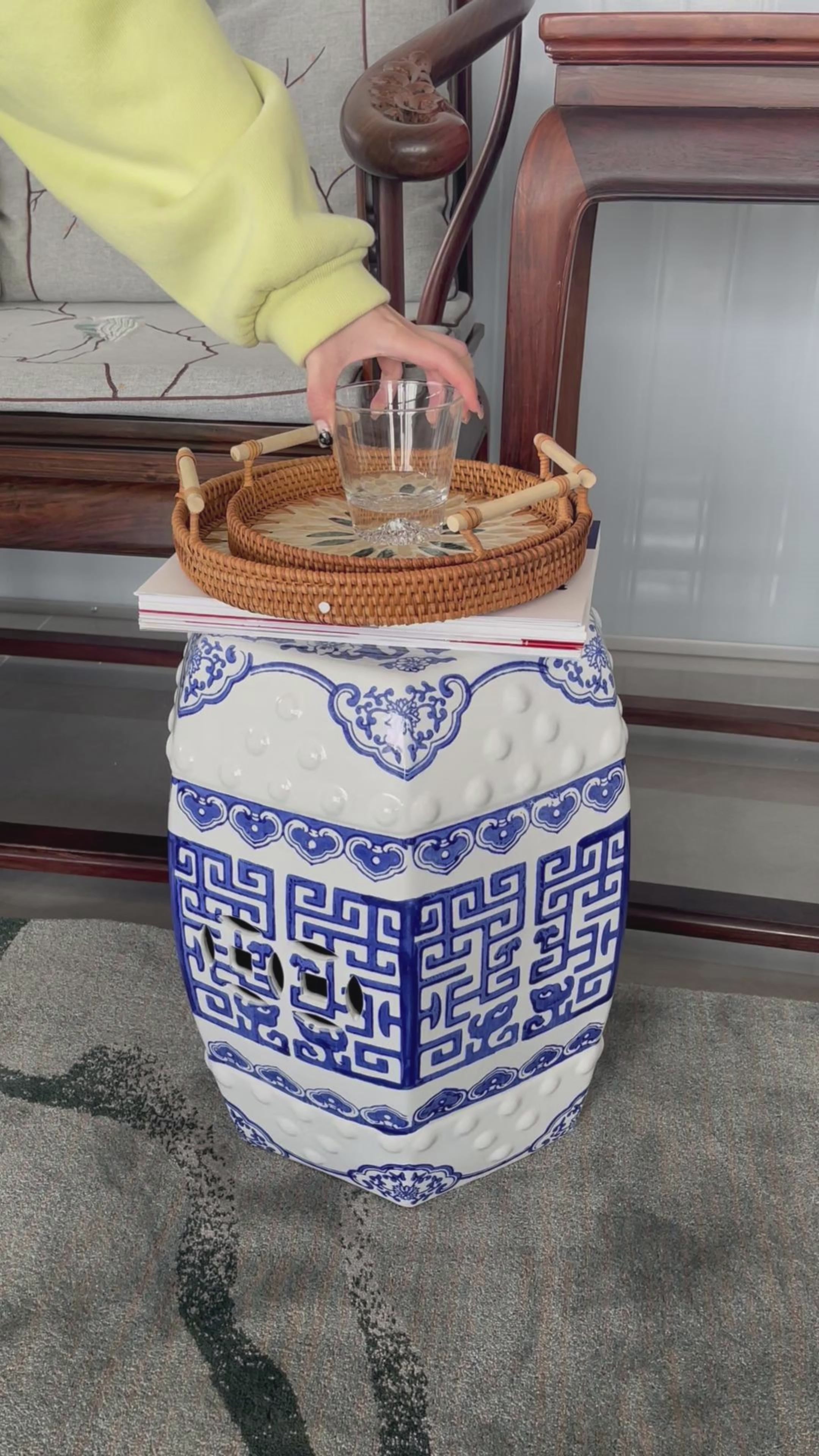 Ceramic garden stool blue and white shape pattern traditional design outdoor furniture