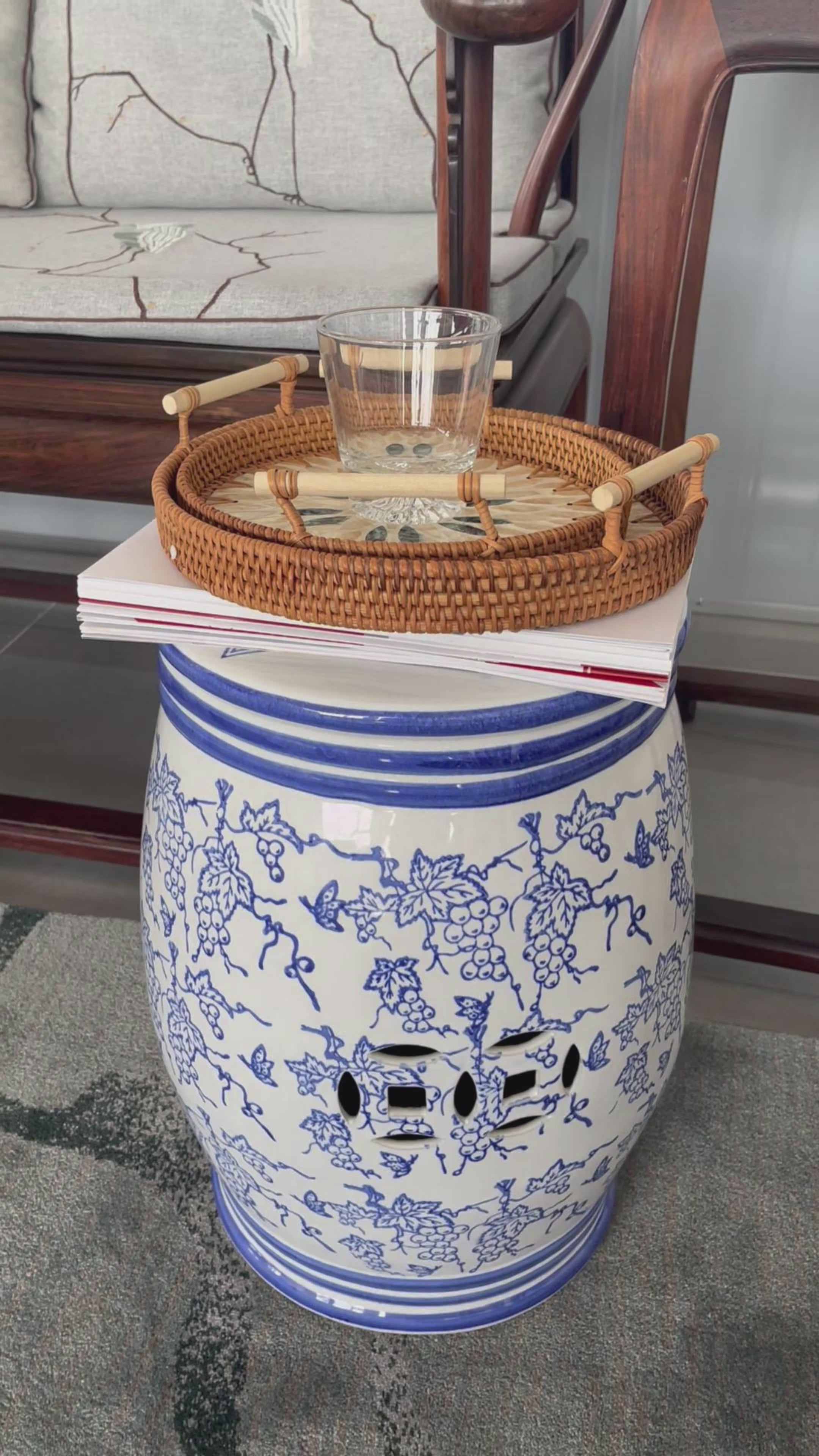 Ceramic blue flower cylindrical stool Outdoor furniture
