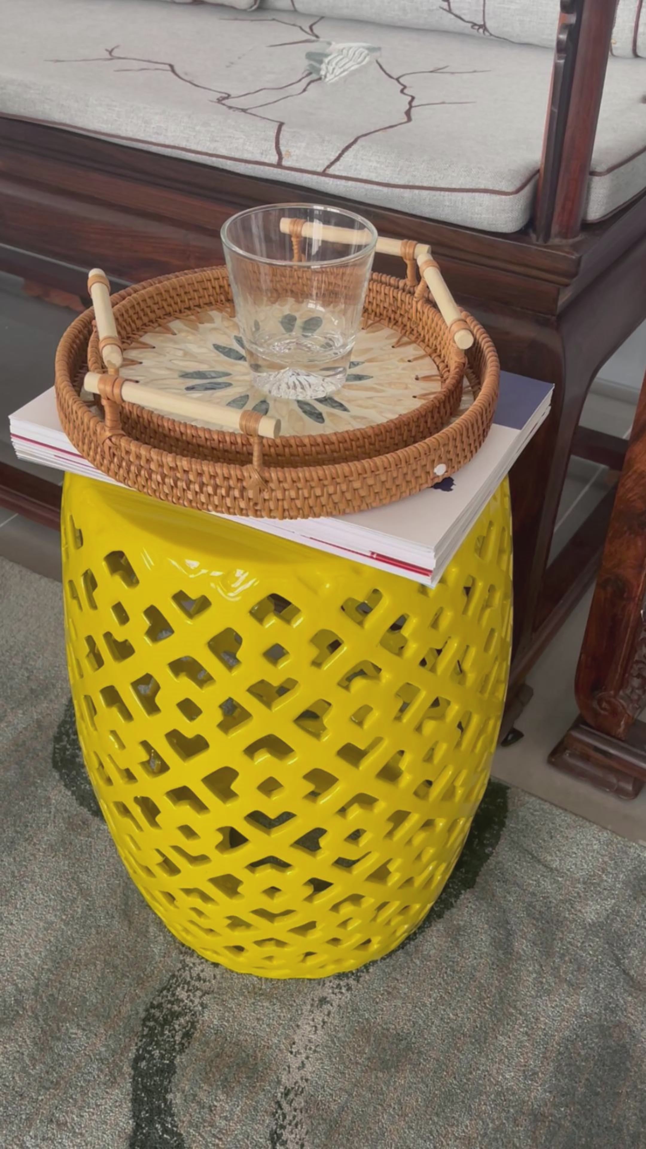 Ceramic garden stool yellow cylindrical lattice outdoor furniture