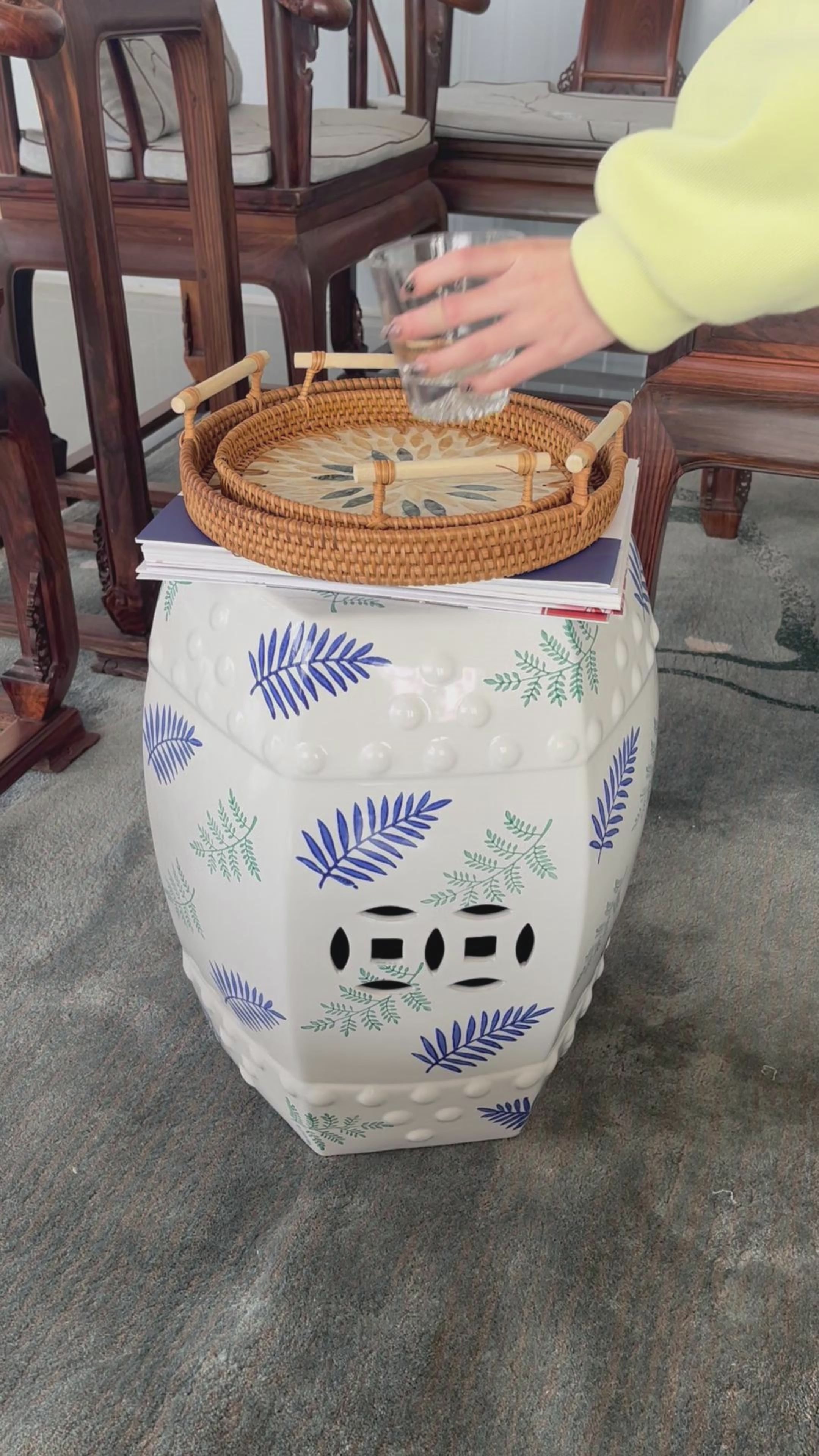 Ceramic blue green plant interest hexagonal stool outdoor furniture